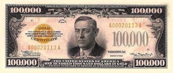 President Woodrow Wilson's portrait on the $100,000 bill which is meant for use only among Federal Reserve Banks. (Image: Wikipedia)