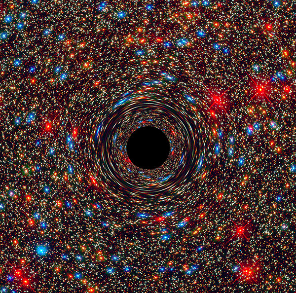 This computer-simulated image shows a supermassive black hole at the core of a galaxy. The black region in the center represents the black hole’s event horizon, where no light can escape the massive object’s gravitational grip. The black hole’s powerful gravity distorts space around it like a funhouse mirror. Light from background stars is stretched and smeared as the stars skim by the black hole. Credits: NASA, ESA, and D. Coe, J. Anderson, and R. van der Marel (STScI)