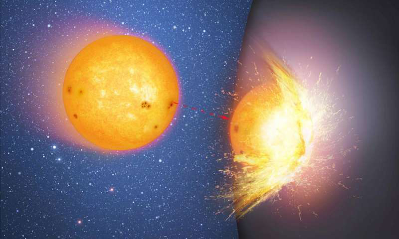 The first in a sequence of two artist's impressions that shows a huge, massive sphere in the center of a galaxy, rather than a supermassive black hole. Here a star moves towards and then smashes into the hard surface of the sphere, flinging out debris. The impact heats up the site of the collision. (Image: via Mark A. Garlick/CfA)