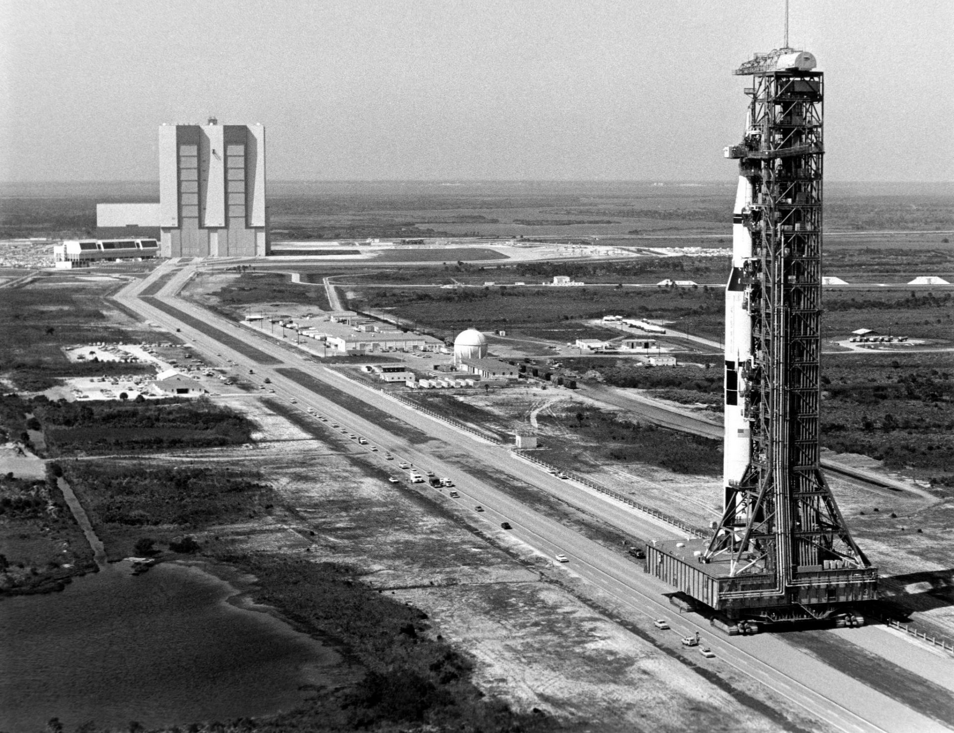 The 363-foot-high Saturn V rocket for the Apollo 10 mission.