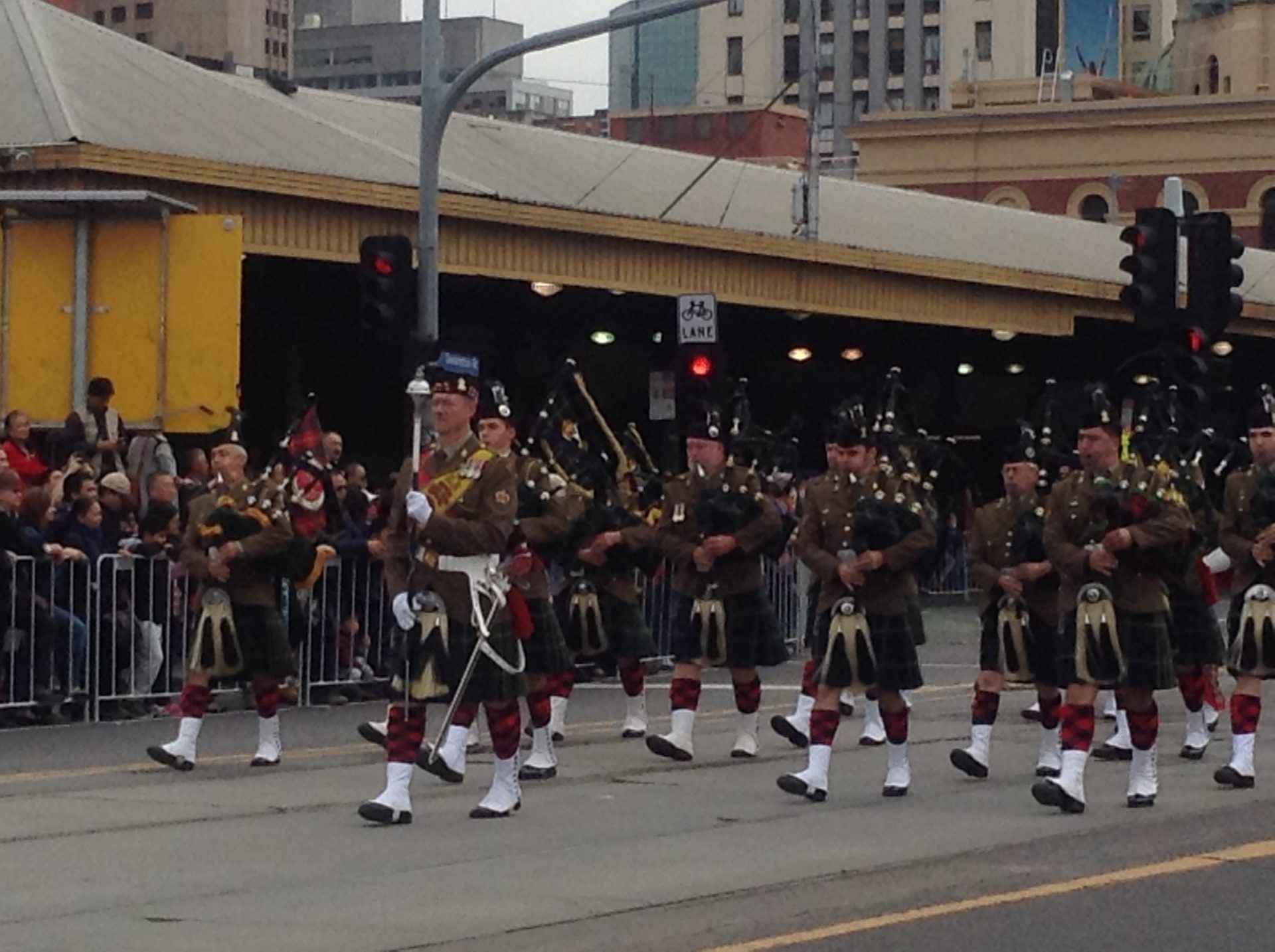 Photo by Trisha Haddock. Anzac Day Parade with 5/6 RVR Pipes and Drums.