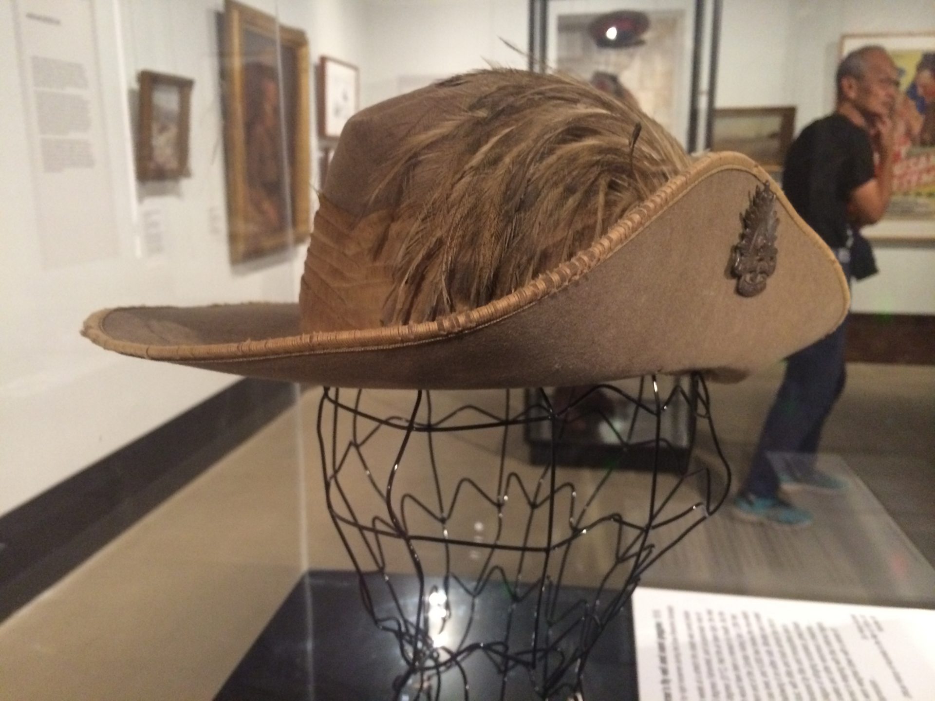 Photo by Trisha Haddock. Emu-plumed slouched hat. c 1917. Belonging to Trooper of the 9th Australian Light Horse Regiment. On display inside the Shrine of Remembrance.