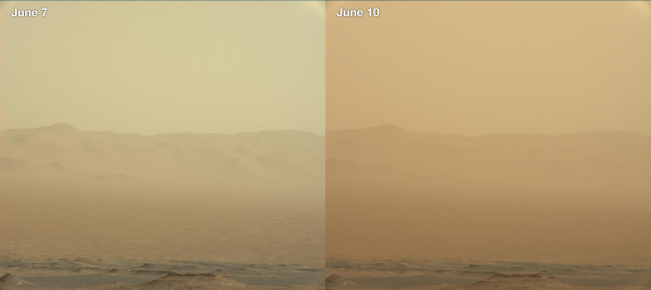 Two images from the Mast Camera (Mastcam) on NASA's Curiosity of dust storms on Mars.