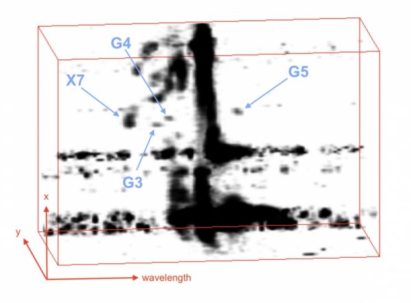 This 3-D spectro-imaging data cube was produced using software called OsrsVol, short for OSIRIS-Volume Display. W. M. Keck Observatory Science Operations Lead Randy Campbell developed this custom volume rendering tool to separate G3, G4, and G5 from the background emission. Once the 3-D analysis was performed, the team could clearly distinguish the G-objects, which allowed them to follow their movement and see how they behave around the supermassive black hole. (Image: W. M. Keck Observatory)