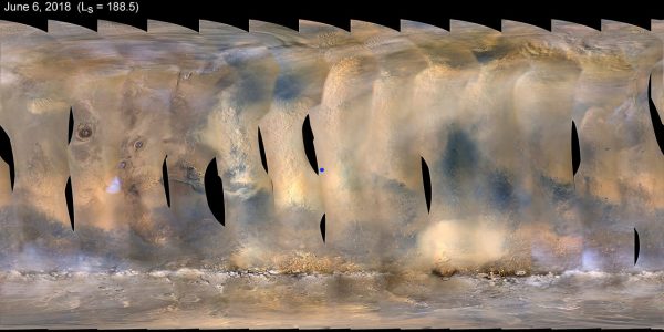 This global map of Mars shows a growing dust storm as of June 6, 2018. The map was produced by the Mars Color Imager (MARCI) camera on NASA's Mars Reconnaissance Orbiter spacecraft. The blue dot indicates the approximate location of Opportunity. (Image: NASA)
