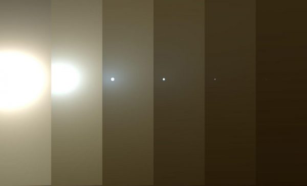 This series of images shows simulated views of a darkening Martian sky blotting out the Sun from dust storms on Mars.