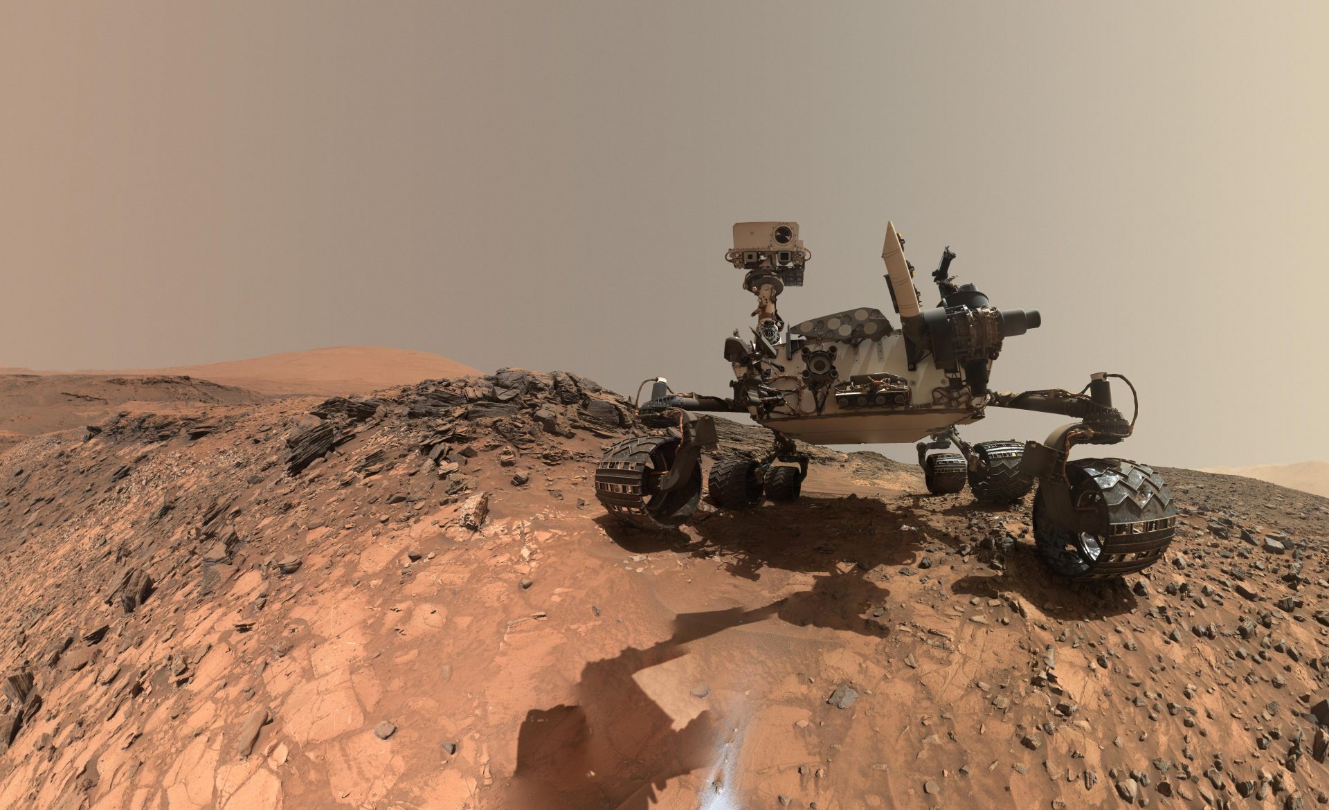 This low-angle self-portrait of NASA's Curiosity Mars rover shows the vehicle at the site from which it reached down to drill into a rock target called "Buckskin" on lower Mount Sharp. (Credits: NASA/JPL-Caltech/MSSS)