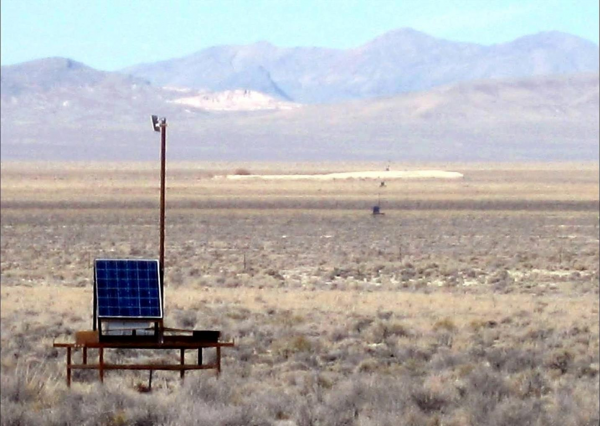 A Telescope Array Surface Detector and its neighbors, deployed in Utah’s west desert. The 507 detectors are arranged on a grid covering 700 square kilometers, about the same as the land area of New York City. (photo courtesy of the Telescope Array collaboration)