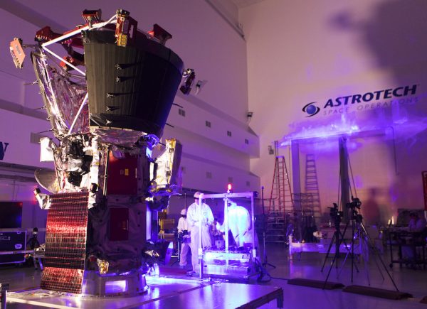 In the Astrotech processing facility in Titusville, Florida, near NASA's Kennedy Space Center, on Tuesday, June 5, 2018, technicians and engineers perform light bar testing on NASA's Parker Solar Probe. The Parker Solar Probe will launch on a United Launch Alliance Delta IV Heavy rocket from Space Launch Complex 37 at Cape Canaveral Air Force Station in Florida no earlier than Aug. 4, 2018. The mission will perform the closest-ever observations of a star when it travels through the Sun's atmosphere, called the corona. The probe will rely on measurements and imaging to revolutionize our understanding of the corona and the Sun-Earth connection. (Credits: NASA/Glenn Benson)