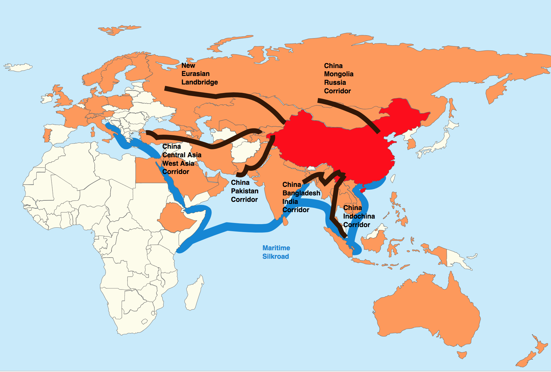 The Belt and Road Initiative (BRI), China is in red, members of the Asian Infrastructure Investment Bank are in orange, and the six corridors are in black. (Image: via flickr CC BY-SA 4.0)