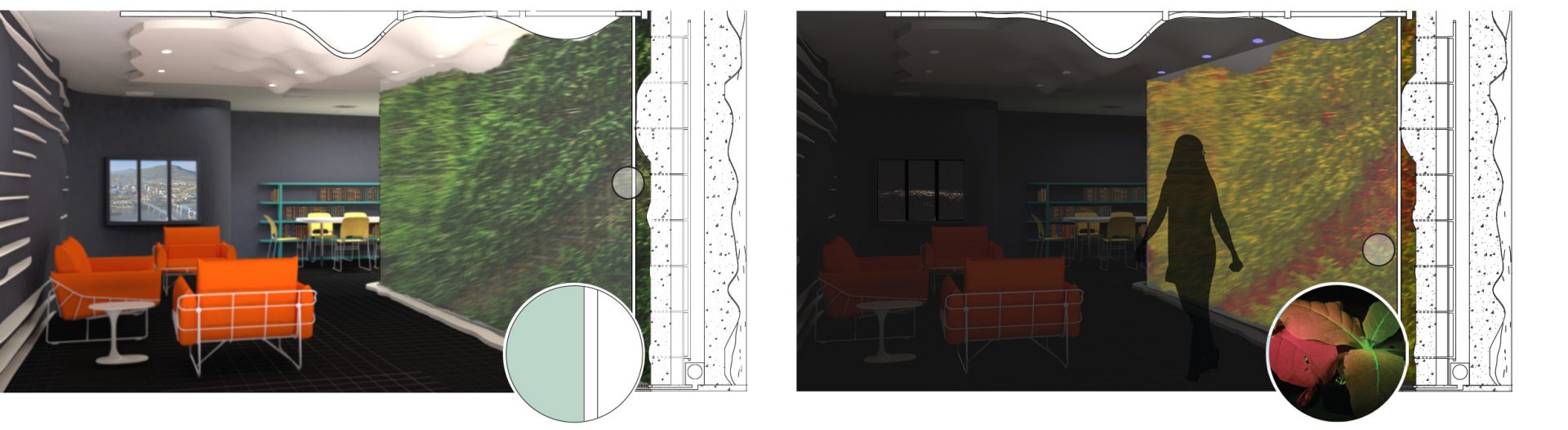 Perspective images of a conceptual phytosensor (plant) wall. Shown left is the lighted room, and shown right is the darkened room under sense-and-report photonic conditions. The glass partition (inset on left) concentrates HVAC return air across fungal VOC-sensing houseplants. The inset image on the right shows an engineered Nicotiana plant for constitutive expression of GFP yielding green fluorescence under built-in blue or UV lights next to a wild type red fluorescent plant under the same conditions. Photo (inset, right) by Francisco Palacios. Design renderings by Susan G. Stewart and Rana Abudayyeh.