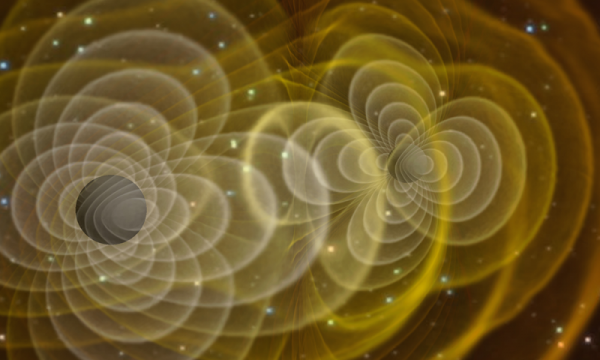A visualization of a supercomputer simulation of merging black holes sending out gravitational waves. (Credit: NASA/C. Henze)