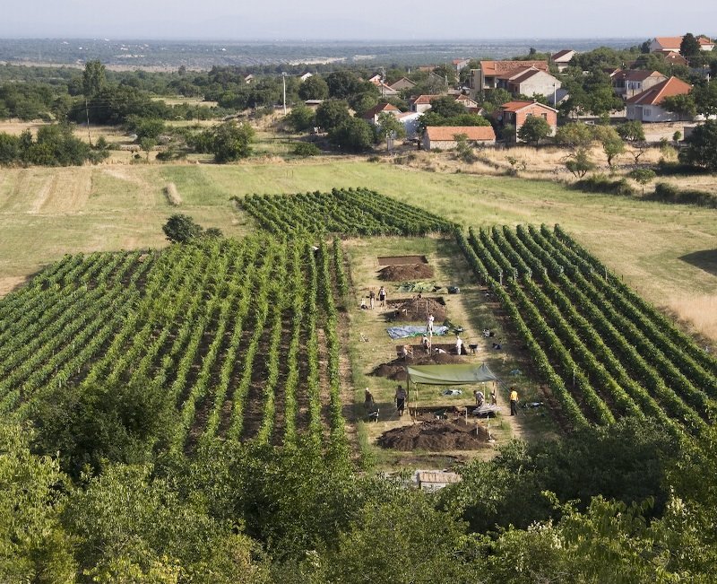 The archaeological site of Pokrovnik during excavation with the modern village, Dalmatia, Croatia. (Image: Andrew M.T. Moore)