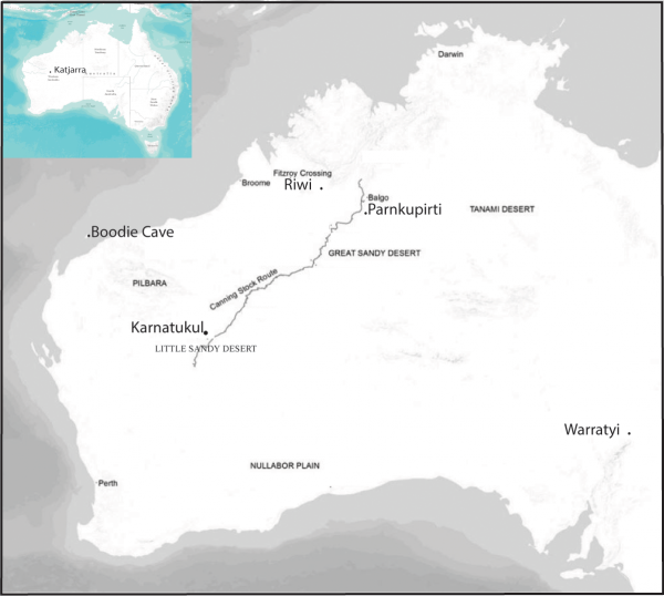 Location of Karnatukul in the Western Desert, showing the location of sites of aboriginals named in text.