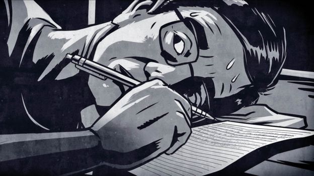 A still of an animated sequence from "Letter From Masanjia" depicting how Sun Yi wrote his SOS letters. (El Toro Studios)