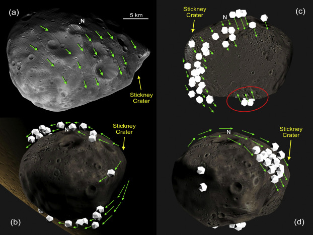 Researchers used computer models to trace the possible path of boulders ejected from Stickney crater on Mars' moon Phobos. The simulations showed that boulders could have carved the iconic grooves seen on Phobos' surface. (Image: Ken Ramsley / Brown University)
