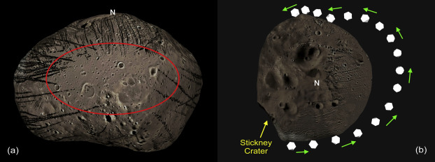 The simulations show how boulders take a flying leap over one particular area of Phobos, explaining why it's devoid of grooves. (Image: Ken Ramsley / Brown University)