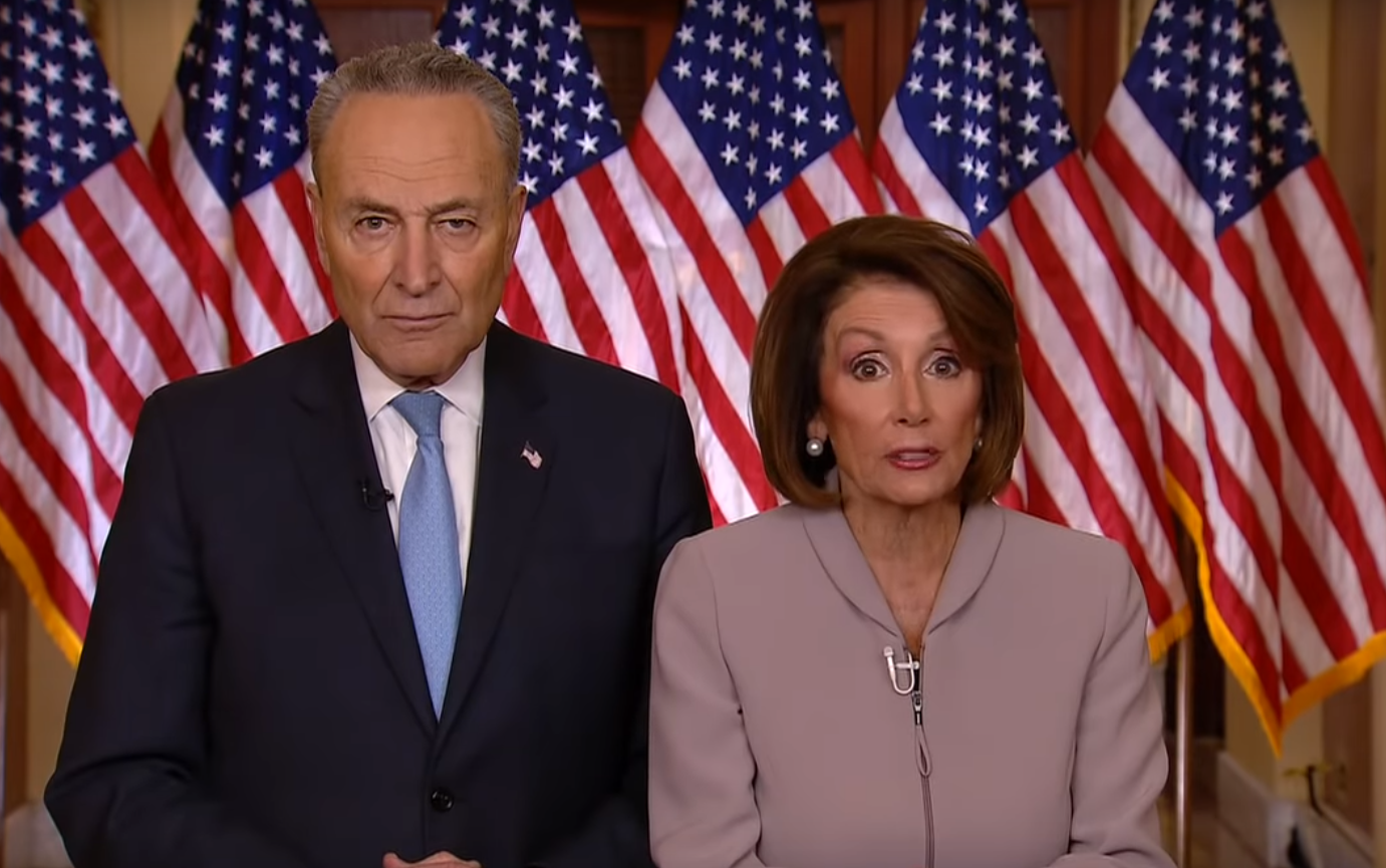 Democrat legislators Nancy Pelosi and Chuck Schumer respond to the president's address. (Image: YouTube/Screenshot)