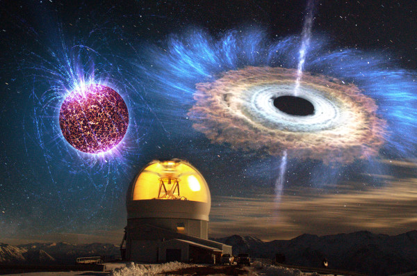 The above image shows a long exposure of the SOAR telescope with overlaid illustrations of a highly magnetized neutron star (top left) and an accreting black hole (top right). (Image credit: D. Maturana & NOAO/AURA/NSF; Overlay (top left): NASA/Penn State University/Casey Reed; (top right): NASA Goddard Space Flight Center)
