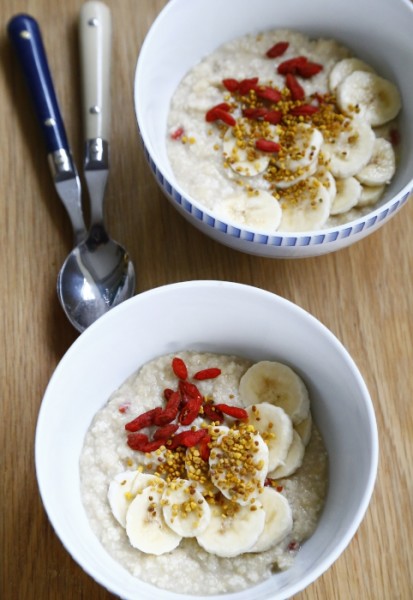 millet porridge under banana, gojiberries