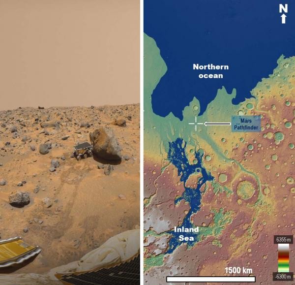 Left: View of the Sojourner rover from the Pathfinder lander. According to our paper, a large proportion of the rocks could have been eroded from the sea’s margin by spillover floods. Credit:NASA Jet Propulsion Laboratory. Right: Approximately 3.4 billion years ago Mars experienced huge catastrophic floods. This panel shows a paleogeographic reconstruction of the circum-Chryse region, which at that time included the flood-produced inland sea and part of the northern plains ocean. The Pathfinder landing site (crosshair symbol) is located on an enormous spillway that connected the inland sea and the northern ocean. The base map is a MOLA digital elevation model (460 m/pixel) centered at 5°31'17"N, 30°51'24"W. (Credit: MOLA Science Team, MSS, JPL, NASA)