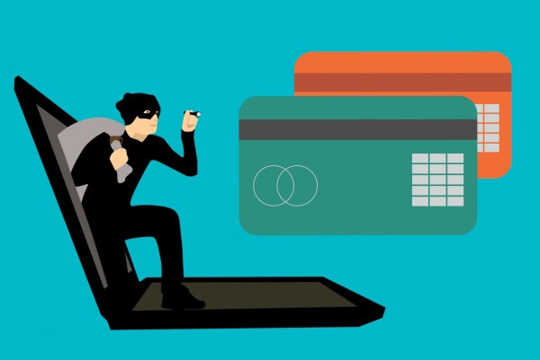 Burgler with bag over shoulder steps out of Laptop screen. 2 credit cards upper right corner one green the other orange