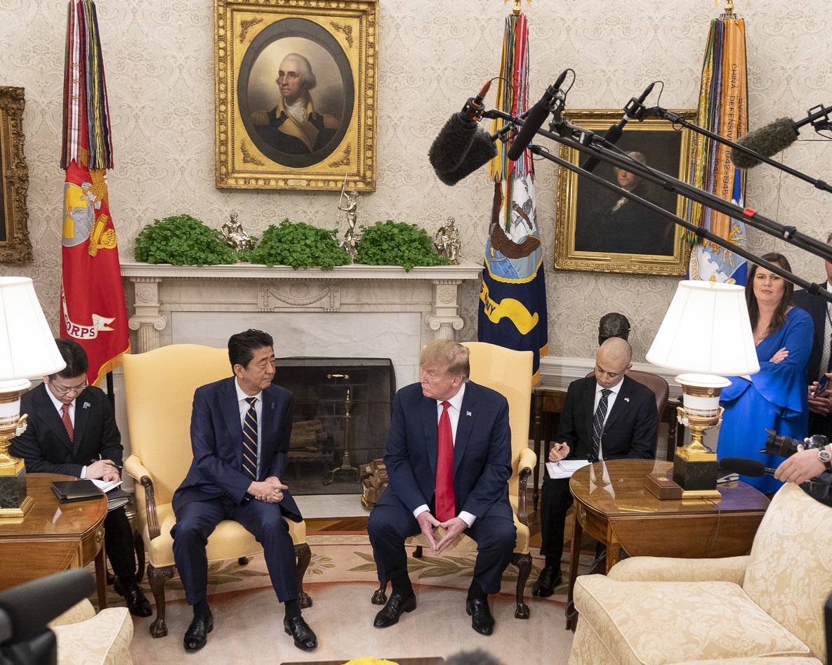 Prime Minister Shinzo Abe of Japan speaks with U.S. President Donald Trump at the White House. (Image: Official White House Photo by Shealah Craighead)