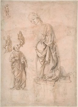 “Sketches of Figures of the Virgin Kneeling,” attributed to Francesco di Simone Ferrucci (1437–1493). Pen and brown ink, over leadpoint or black chalk, on rose-washed paper. Bequest of Walter C. Baker, 1971. (Image: The Metropolitan Museum of Art)