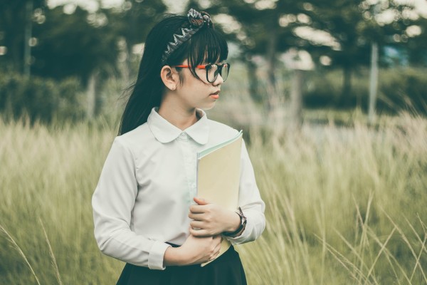 asian girl, school outfit, white shirt, black dress, glasses and hair held back