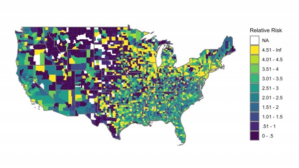 This map represents the “relative risk ratio” or percentage of black students who received out-of-school suspensions compared to white students. (Photo courtesy of Travis Riddle, Princeton University)