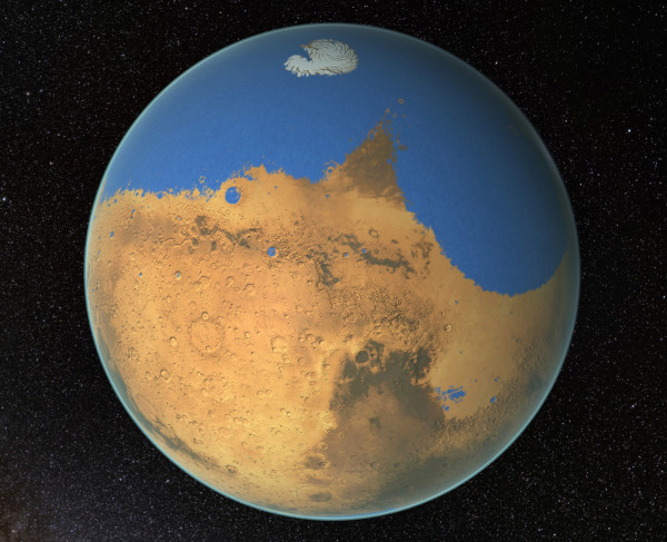 Billions of years ago, Mars could have looked like this with an ocean covering part of its surface. Image: NASA/GSFC)