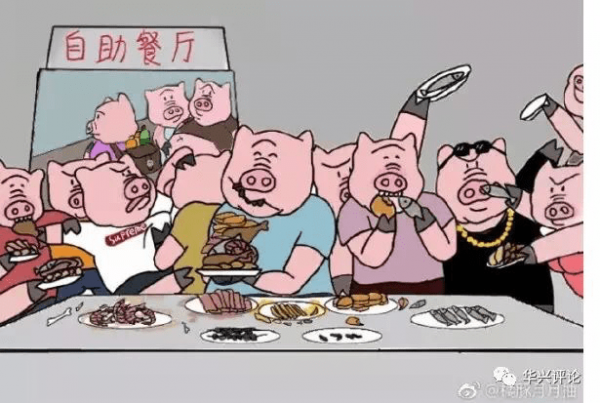 One of Zhang's cartoons makes fun of the uncouth behavior of many Chinese when visiting all-you-can-eat buffets. (Image: Weibo)