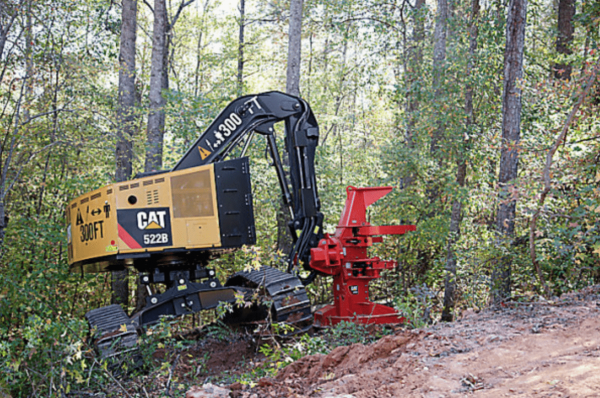 A logger with a chainsaw or a feller/buncher machine will move from the bottom of the tree to the top, cutting it into specific length sawlogs and removing all the branches. (Image: cat.com)