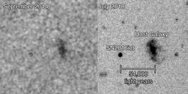 Image of SN 2016iet and its most likely host galaxy taken with the Low Dispersion Survey Spectrograph on the Magellan Clay 6.5-m telescope at Las Campanas Observatory in i-band on July 9, 2018.