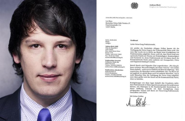 Andreas Bleck, Bundestag member with the AfD party, expresssed his suppoort for Falun Gong. (Image: andreas-bleck-de and Minghui.org)