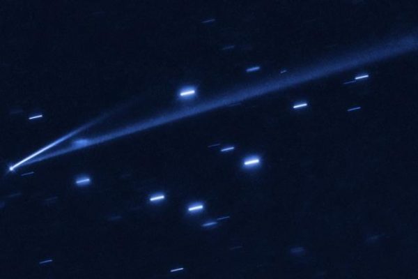 The asteroid 6478 Gault is seen with the NASA/ESA Hubble Space Telescope, showing two narrow, comet-like tails of debris that tell us that the asteroid is slowly undergoing self-destruction. The bright streaks surrounding the asteroid are background stars. The Gault asteroid is located between the orbits of Mars and Jupiter. (Image: NASA, ESA, K. Meech and J. Kleyna, O. Hainaut)