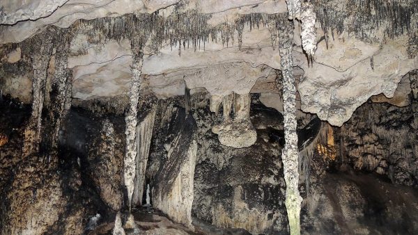 The bulbous stalactitic> Feature in the center of this photo is a phreatic overgrowth on speleothems (POS) that grew exactly at sea level and therefore represents an accurate relative sea level ~3.5 million years ago. (Image: UNM Newsroom)
