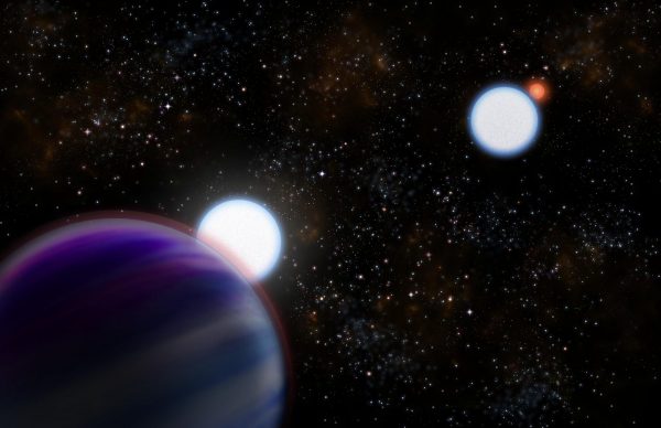 Artist's conception of the Kepler-13AB binary star system as revealed by observations including the new Gemini Observatory data. The two stars (A and B) are large, massive bluish stars (center) with the transiting "hot Jupiter" (Kepler-13b) in the foreground (left corner). Star B and its low mass red dwarf companion star are seen in the background to the right. (Image: Gemini Observatory/NSF/AURA/Artwork by Joy Pollard)