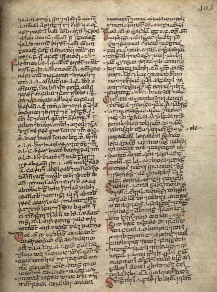 Manuscript featuring the word 'briscugad' (left column, tenth line). (Image: National Library of Ireland, Manuscript G11 403a10. Image, Irish Scripts on Screen www.isos.dias.ie)