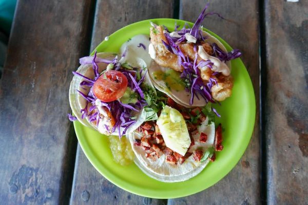 TACOS Grilled Shrimp, Fried Fish, Pastor marinated with Axiote and Pineapple, Tulum, Mexico.