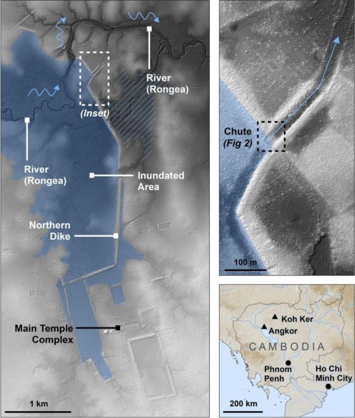 Regional map of Koh Ker showing the location of the chute and key archaeological features. It also shows the location of Koh Ker compared with Angkor, Phnom Penh, and Ho Chi Minh City in bottom right. (Image: Flinders University)