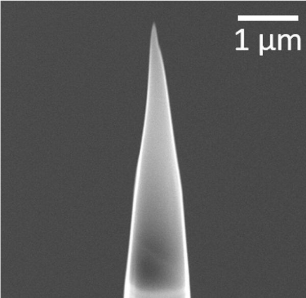 A tiny, sharped piece of a grain of moon dust, only a few hundred atoms wide. (Image: (c) Jennika Greer, Field Museum)