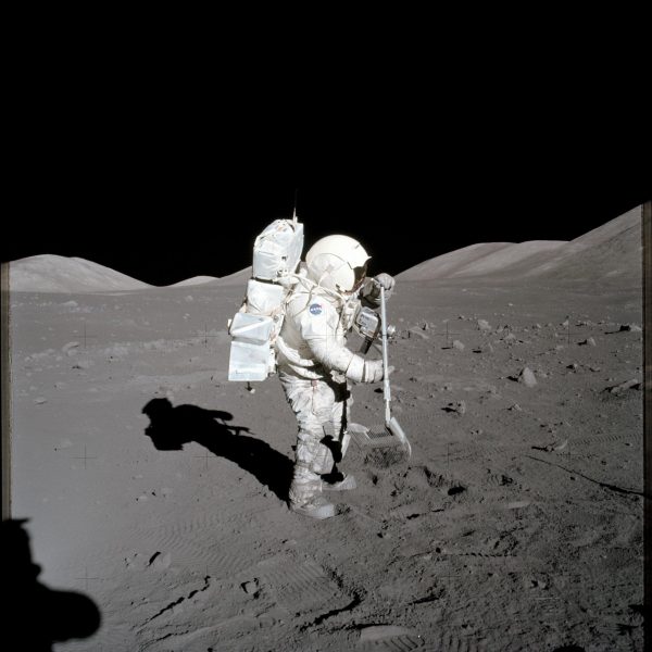 Apollo 17 astronaut and geologist Harrison Schmitt in 1972 collecting samples of lunar soil that would later be used in this study. (Image: NASA)