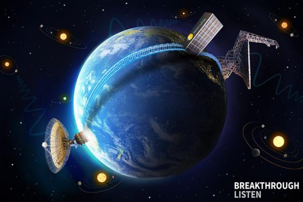 Breakthrough Listen, based at UC Berkeley, collects petabytes of data from the Green Bank Telescope in West Virginia (right) and the Parkes radio telescope in Australia (left) and makes it available to the science community to analyze in search of signals from intelligent civilizations. (Graphic courtesy of Breakthrough Listen)