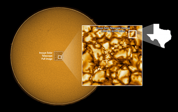 The NSF's Inouye Solar Telescope images the sun in more detail than we’ve ever seen before. The telescope can image a region of the sun 38,000km wide. Close up, these images show large cell-like structures hundreds of kilometers across and, for the first time, the smallest features ever seen on the solar surface, some as small as 30km. Background image: NSO Integrated Synoptic Program/GONG. (Image: NSO/AURA/NSF)
