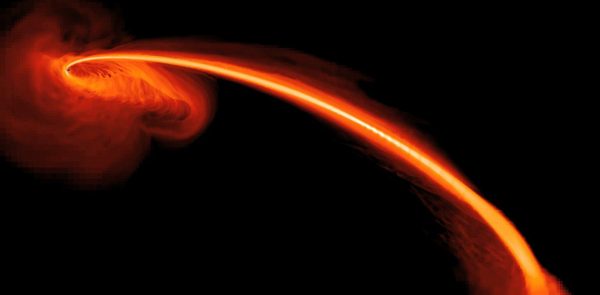 Star is captured by a black hole and pulled apart into a spaghetti strand. (Image: NASA/JPL-Caltech/JHU/UCSC)