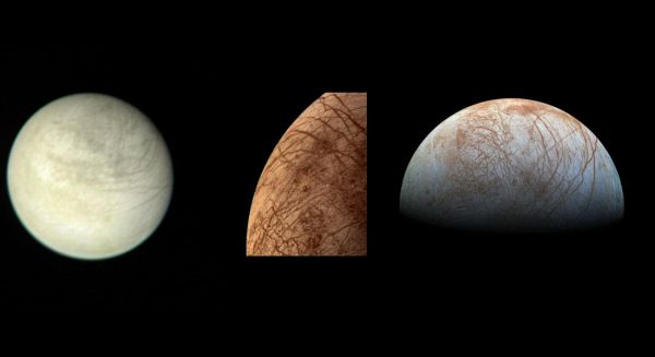 On the left is a view of Europa taken from 2.9 million kilometers (1.8 million miles) away on March 2, 1979 by the Voyager 1 spacecraft. Next is a color image of Europa taken by the Voyager 2 spacecraft during its close encounter on July 9, 1979. On the right is a view of Europa made from images taken by the Galileo spacecraft in the late 1990s. (Image: NASA/JPL)