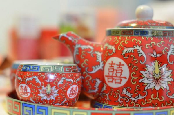 A red Chinese Tea set, commonly used at Chinese weddings.