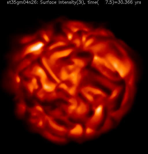 A simulation of giant convection cells on a hypothetical red supergiant star. (Image: Bernd Freytag/Uppsala University)