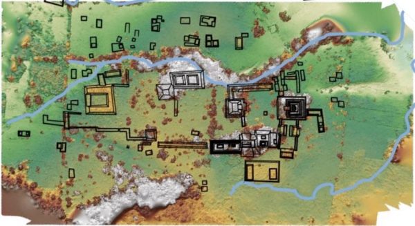 A map of the ancient Mayan kingdom excavation site. The horseshoe-shaped structure to the left is the palace area. On the far right, center, is the Monuments Plaza.